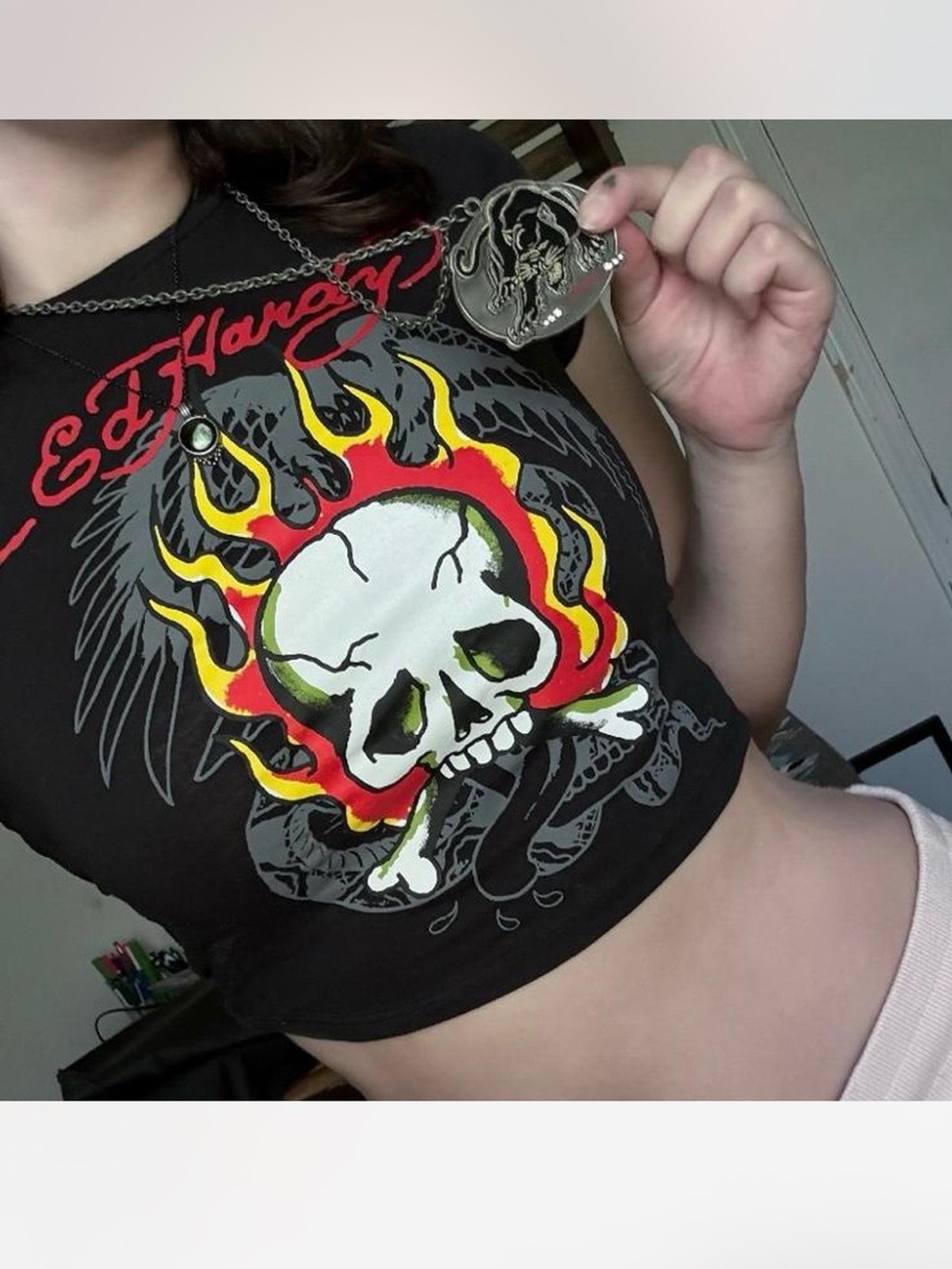 Ed Hardy Black Crop Top with Flaming Skull Graphic